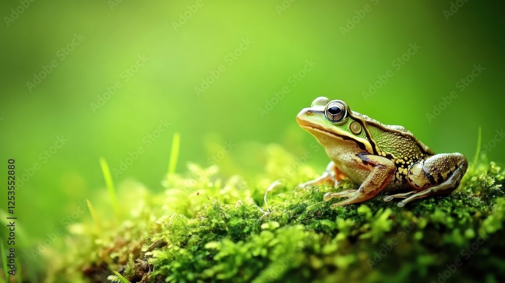 Green frog rests quietly on mossy ground in a lush forest during sunny afternoon. Generative AI Green frog rests quietly on mossy ground in a lush forest during sunny afternoon. Generative AI