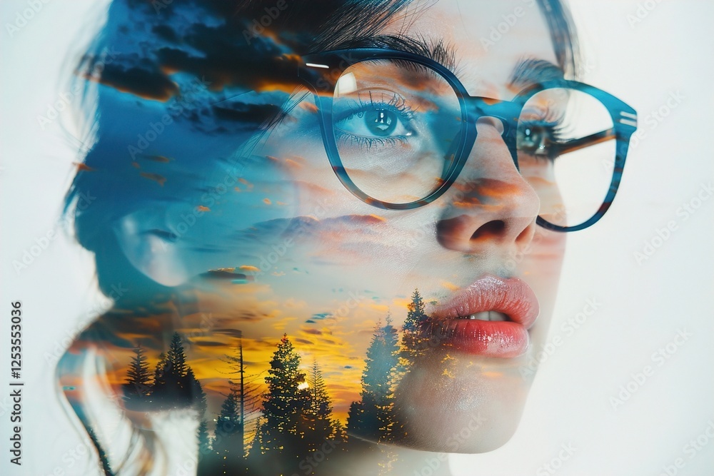 custom made wallpaper toronto digitalA young woman with glasses gazes thoughtfully, her image seamlessly blending with a picturesque forest landscape at sunset.