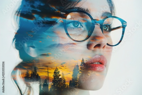 Wallpaper Mural A young woman with glasses gazes thoughtfully, her image seamlessly blending with a picturesque forest landscape at sunset. Torontodigital.ca