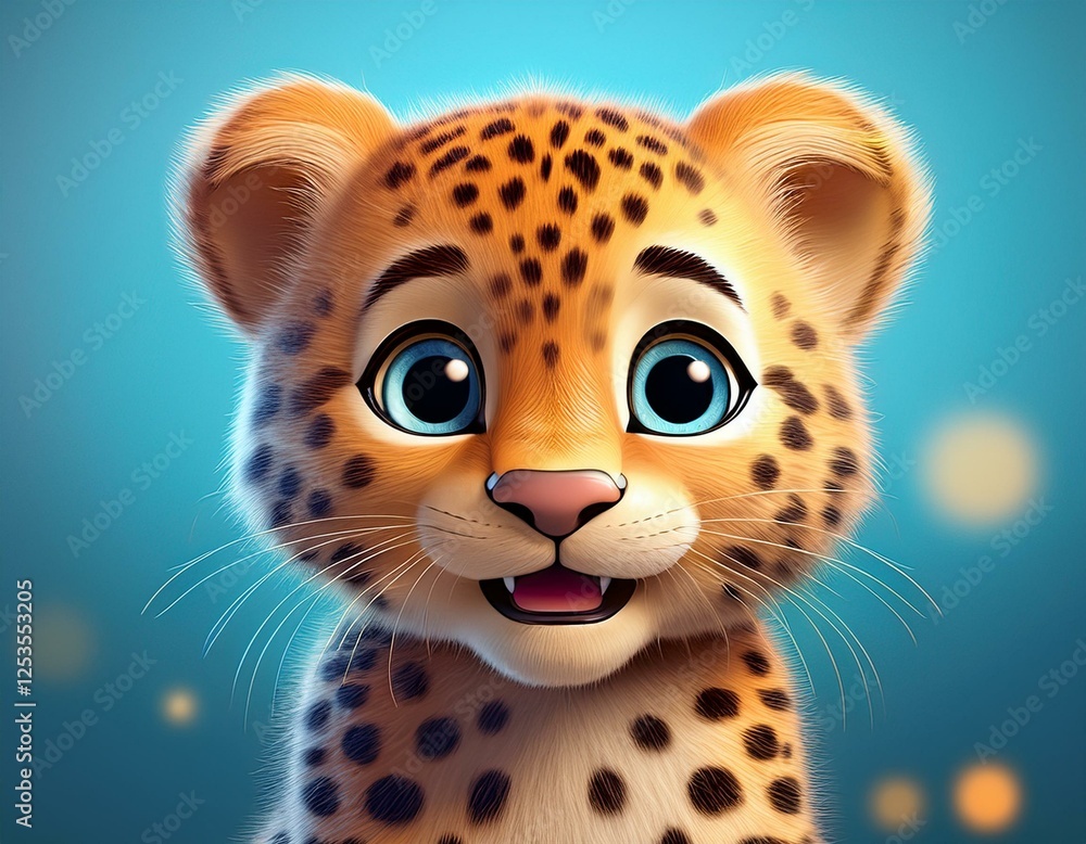 Fototapeta premium Niedliches Leopardenbaby, blauer Hintergrund