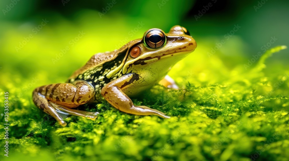 Colorful frog resting on lush green moss in a vibrant forest ecosystem during daylight. Generative AI Colorful frog resting on lush green moss in a vibrant forest ecosystem during daylight. Generative AI