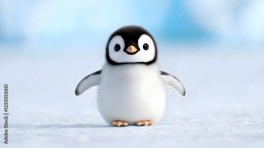 Obraz premium Cute penguin chick on Antarctic snow, icy background, wildlife conservation