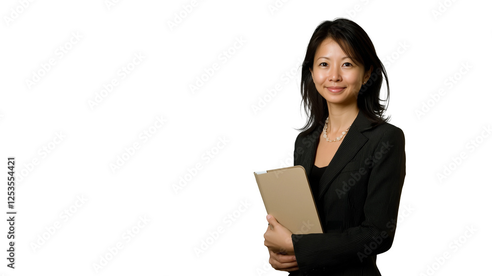 Professional business woman,smiling and holding documents,white background,copy space,web banner. Professional business woman,smiling and holding documents,white background,copy space,web banner.