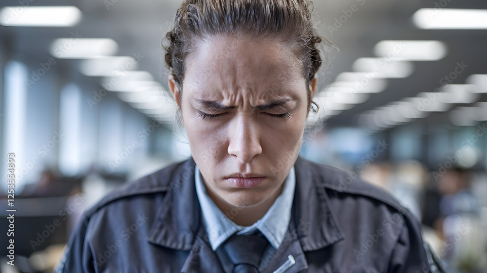Frustrated person in work uniform feeling overwhelmed by tasks, representing workplace stress and challenges in professional environments. Frustrated person in work uniform feeling overwhelmed by tasks, representing workplace stress and challenges in professional environments.