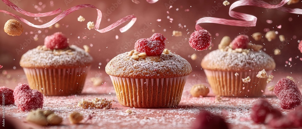 Floating Muffins Surrounded by Streamers in a Dreamy Atmosphere with Raspberry Decoration and Playful Vibes