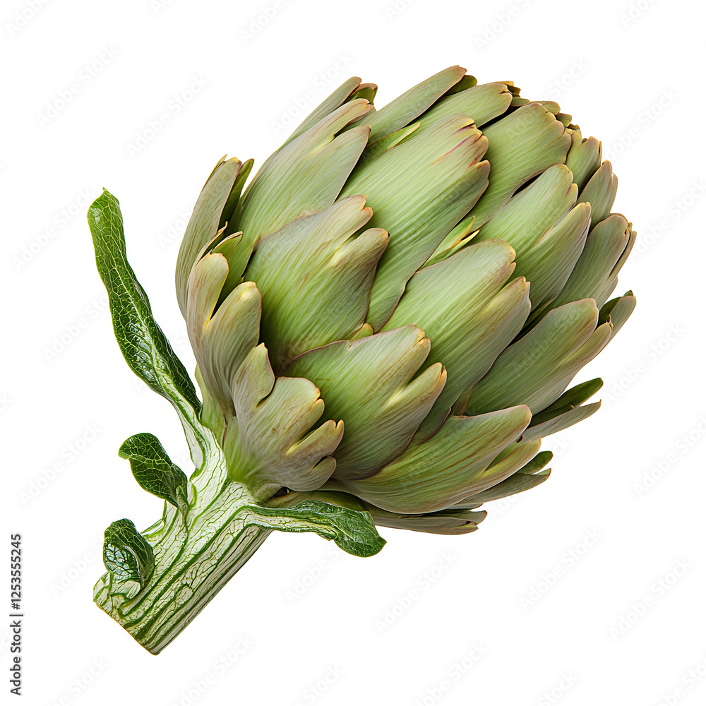 Obraz premium single artichoke isolated on solid white background, showcasing its unique texture and shape