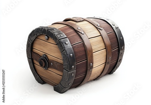 Wooden barrel with dark brown and light brown wooden planks, dark metal bands, and rivets. It is presented against a plain white background.  The lighting is bright and even, creating no significant photo