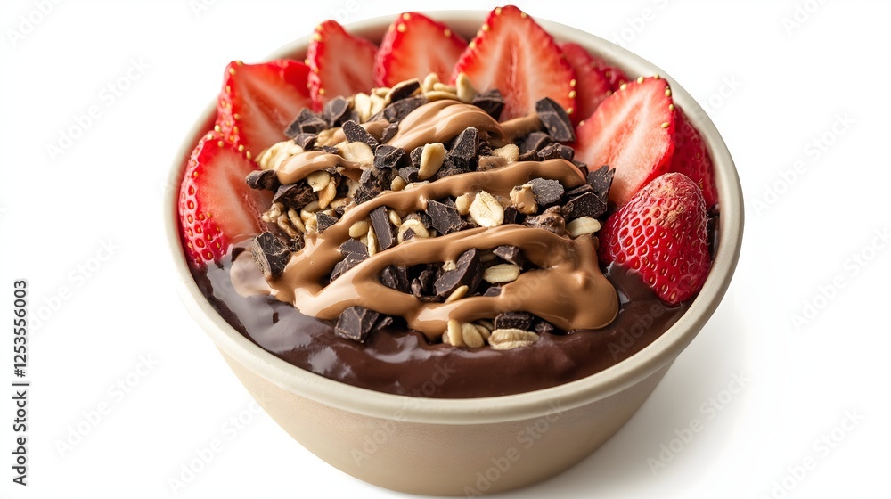 Acai Bowl with Strawberries, Chocolate, Peanut Butter Drizzle, Dessert Acai Bowl with Strawberries, Chocolate, Peanut Butter Drizzle, Dessert