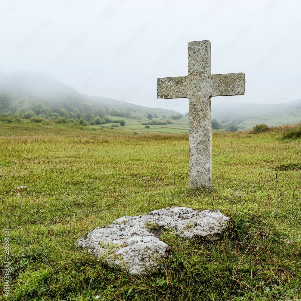 A weathered stone cross standing alone in a misty field, symbolizing faith through time