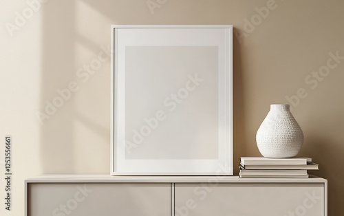 Minimalist white framed art on beige wall with white ceramic vase and stack of books on modern cabinet, creating a calm interior