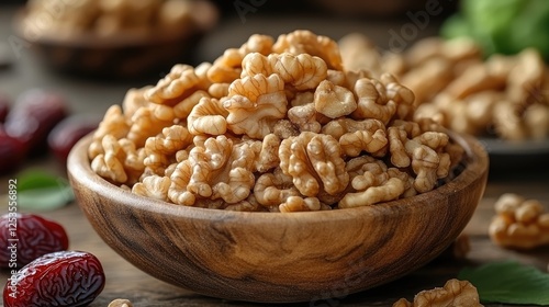 Wooden bowl of walnuts on rustic table, with dates and greens in background.  Healthy snack photo