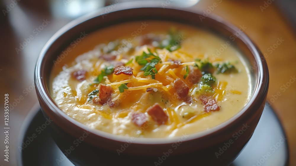 Creamy potato soup topped with cheddar cheese, bacon bits, and parsley Creamy potato soup topped with cheddar cheese, bacon bits, and parsley