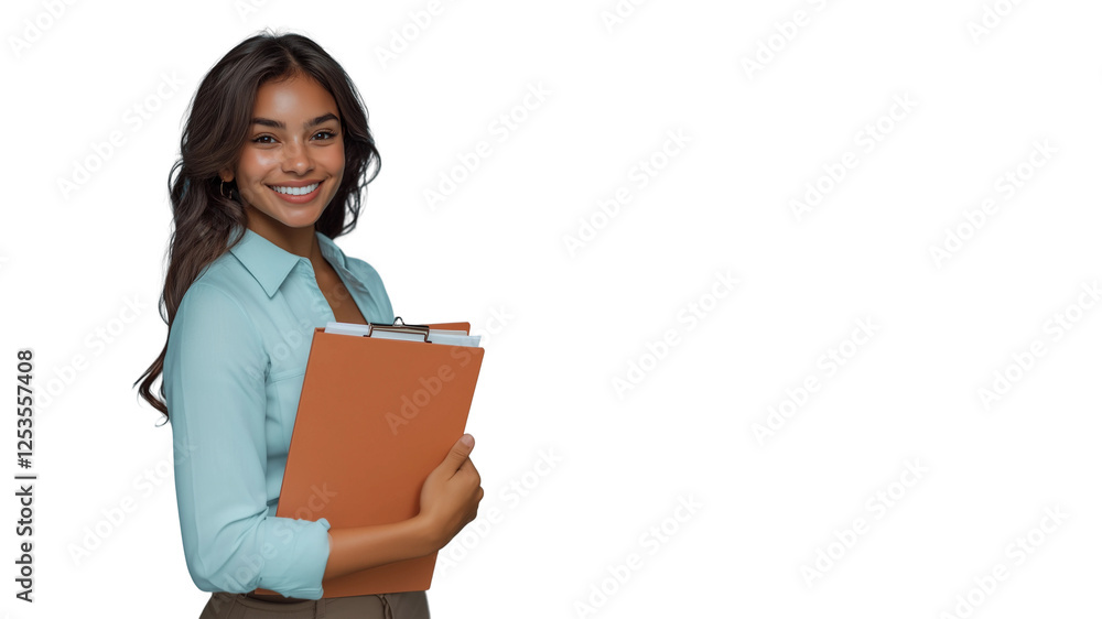 Professional business woman,smiling and holding documents,white background,copy space,web banner. Professional business woman,smiling and holding documents,white background,copy space,web banner.