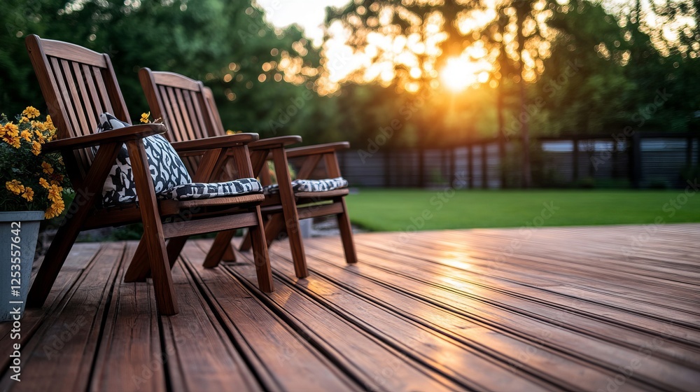 Two wooden chairs sitting on a wooden deck with a potted plant Two wooden chairs sitting on a wooden deck with a potted plant