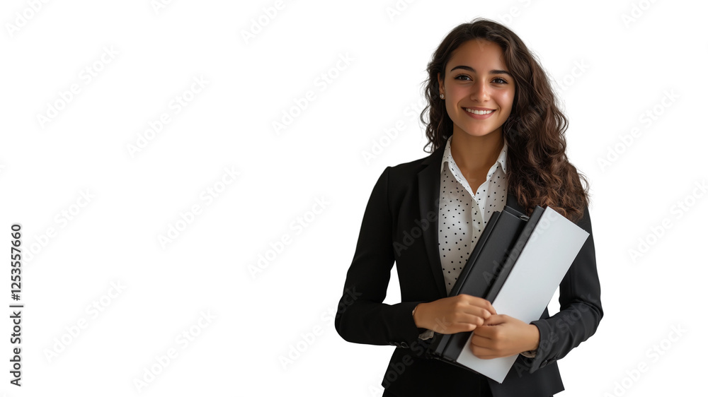Professional business woman,smiling and holding documents,white background,copy space,web banner. Professional business woman,smiling and holding documents,white background,copy space,web banner.