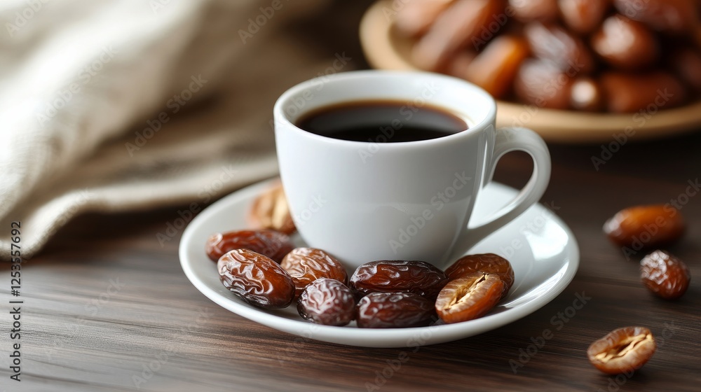 A cup of coffee and dried dates on a saucer ready for Iftar Islamic religion and Ramadan concept A cup of coffee and dried dates on a saucer ready for Iftar Islamic religion and Ramadan concept