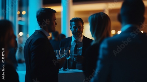 People in dark suits at a social gathering enjoying drinks and conversation in a modern setting