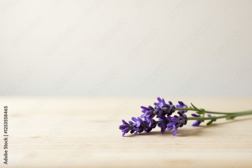 A Delicate Sprig of Lavender Resting on a Light Wooden Surface, Evoking Serenity and Tranquility A Delicate Sprig of Lavender Resting on a Light Wooden Surface, Evoking Serenity and Tranquility