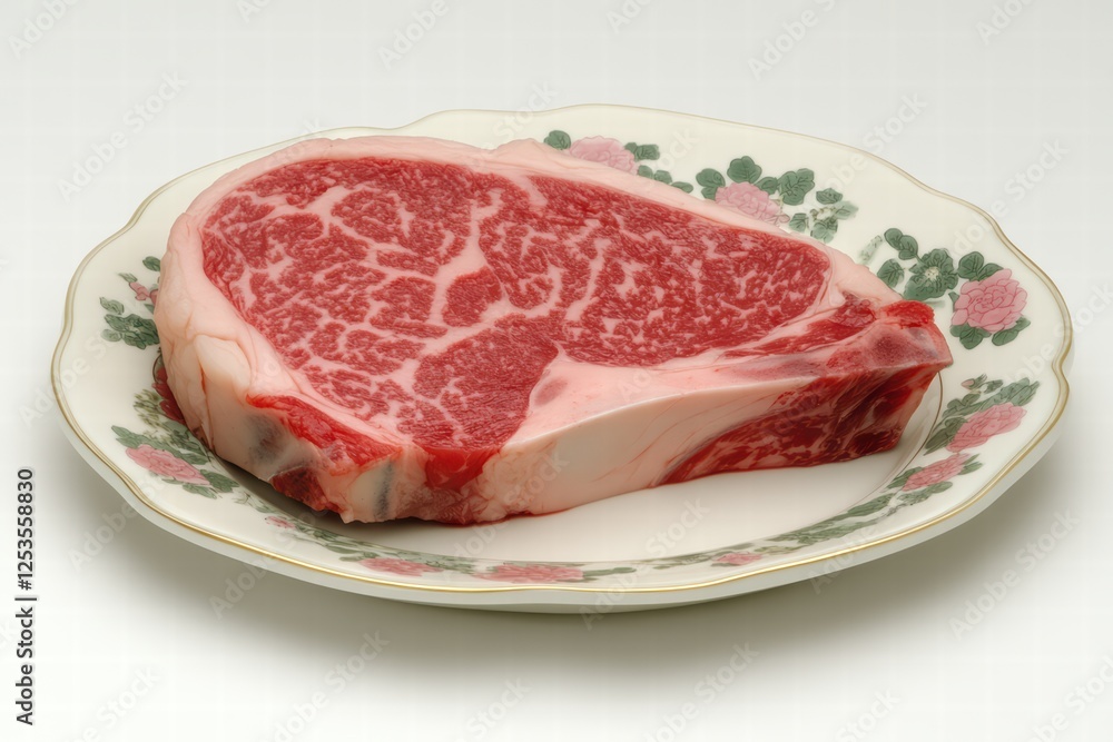 Fresh Ribeye Steak on Decorative Plate with Floral Design Fresh Ribeye Steak on Decorative Plate with Floral Design