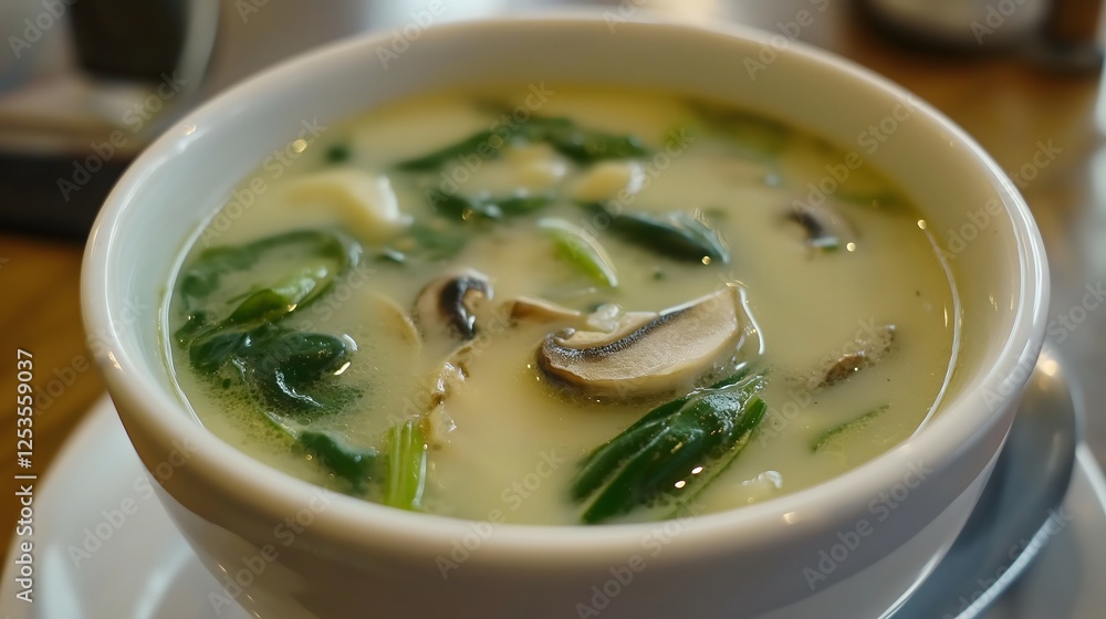 Creamy Mushroom Soup with Spinach in White Bowl - Comfort Food Close-Up Creamy Mushroom Soup with Spinach in White Bowl - Comfort Food Close-Up