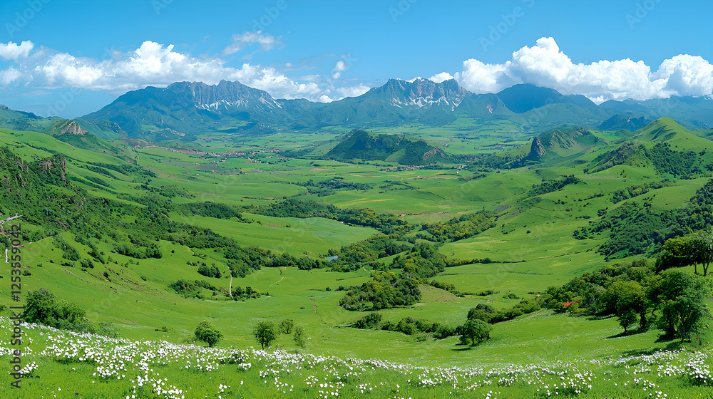 Fototapeta premium Mountain valley panorama, green fields, sunny day, travel poster