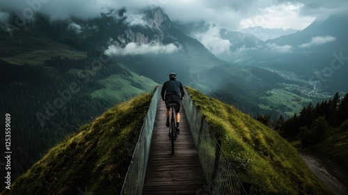 A solitary cyclist rides along a wooden path, surrounded by dramatic mountains and cloudy skies, creating a sense of adventure and tranquility in nature. photo