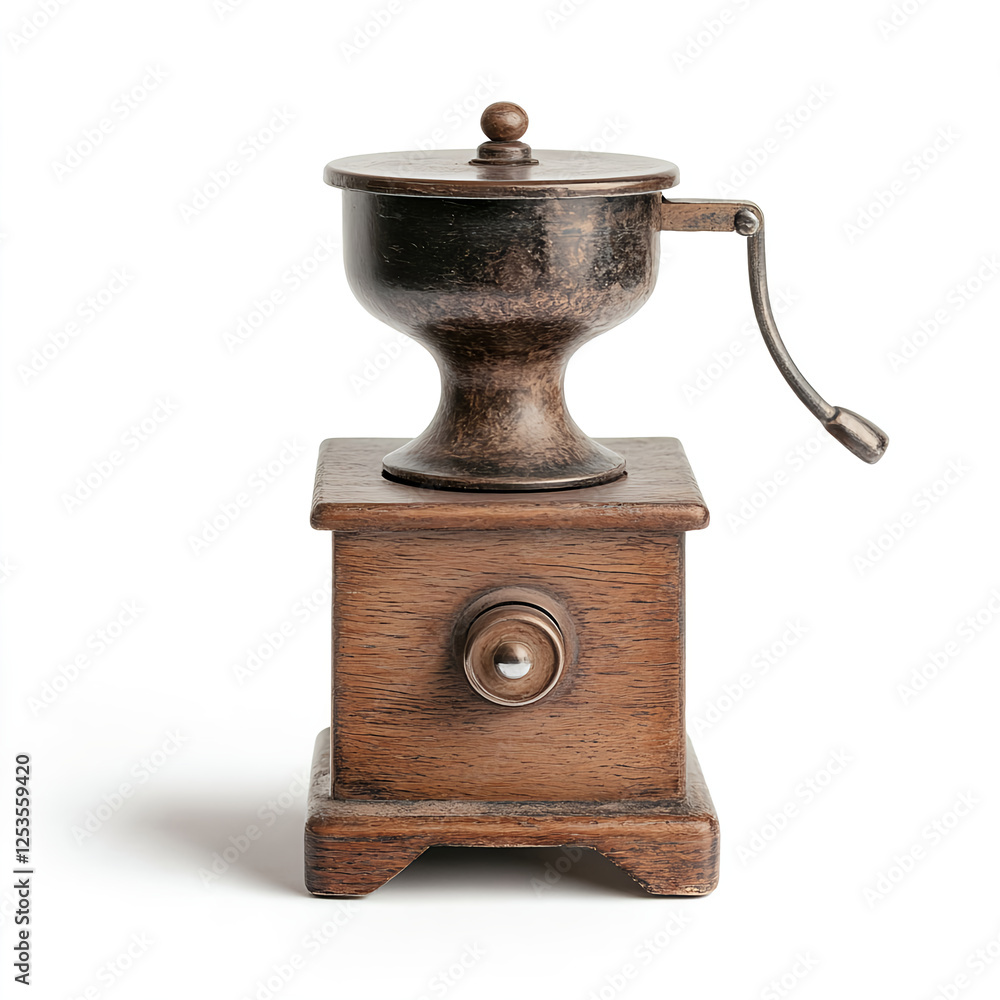 Rustic coffee grinder on solid white background, perfect for vintage decor Rustic coffee grinder on solid white background, perfect for vintage decor