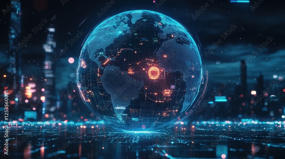 Close-up of a holographic globe with glowing network connections, representing worldwide internet access, global trade, and digital transformation, futuristic technology concept on cityscape backgroun Close-up of a holographic globe with glowing network connections, representing worldwide internet access, global trade, and digital transformation, futuristic technology concept on cityscape backgroun
