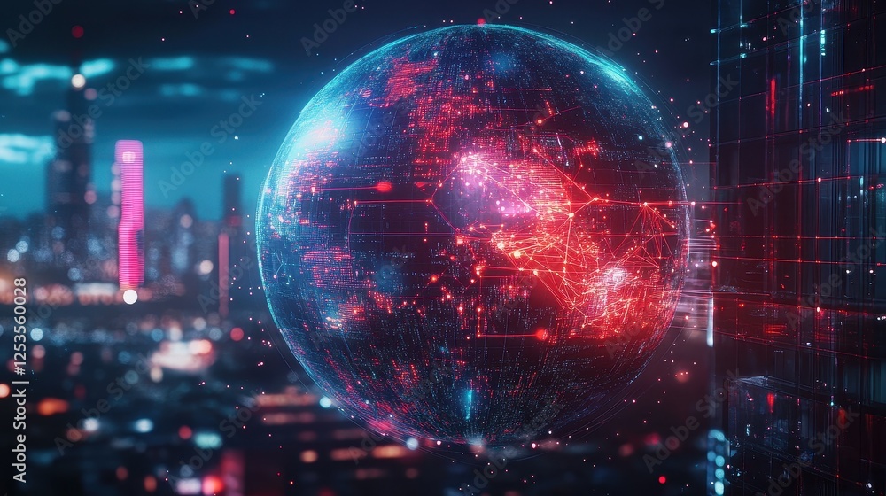 Close-up of a holographic globe with glowing network connections, representing worldwide internet access, global trade, and digital transformation, futuristic technology concept on cityscape backgroun Close-up of a holographic globe with glowing network connections, representing worldwide internet access, global trade, and digital transformation, futuristic technology concept on cityscape backgroun