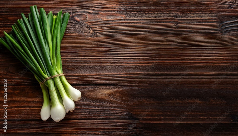 Bunch of fresh green onions on wooden table, top view. Space for text Bunch of fresh green onions on wooden table, top view. Space for text