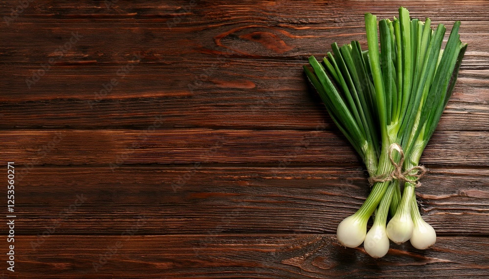 Bunch of fresh green onions on wooden table, top view. Space for text Bunch of fresh green onions on wooden table, top view. Space for text
