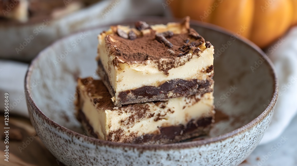 Stacked Chocolate Swirl Cheesecake Bars with Cocoa Powder Topping Stacked Chocolate Swirl Cheesecake Bars with Cocoa Powder Topping