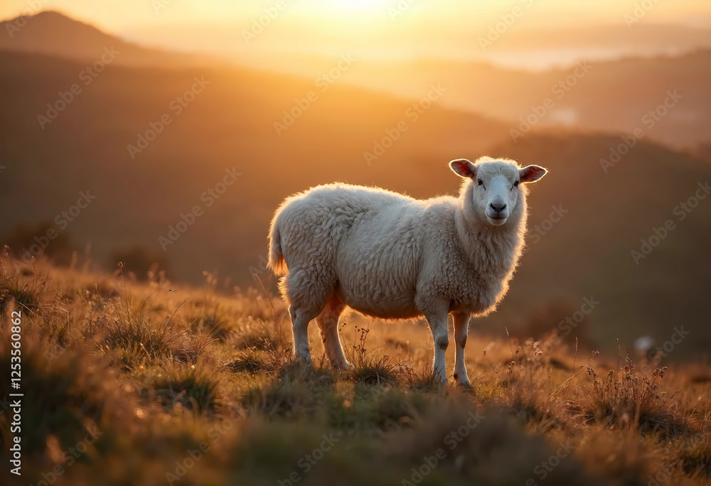 Golden Hour Lamb: A Serene Sunset on the Hillside Golden Hour Lamb: A Serene Sunset on the Hillside