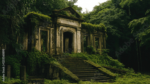 ancient temple ruins covered in lush greenery