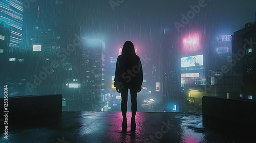 futuristic city skyline with neon lights, cyberpunk aesthetic, rain-soaked streets, atmospheric lighting