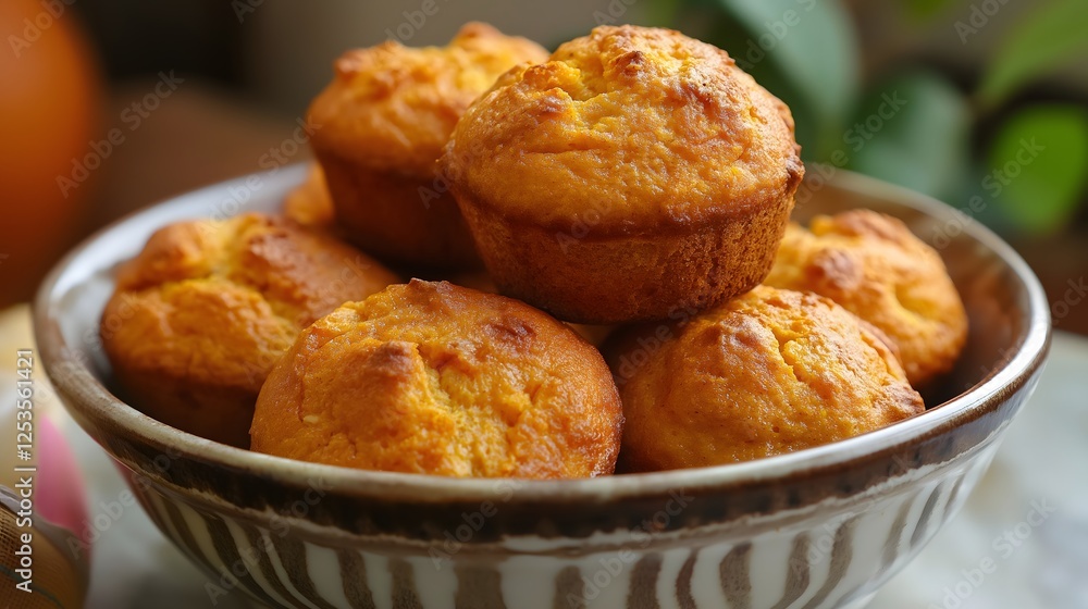 Freshly baked corn muffins in a ceramic bowl with blurred background Freshly baked corn muffins in a ceramic bowl with blurred background