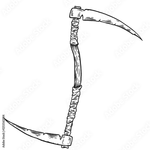 Double blade scythe in hand draw sketch style. Creative art element for tattoo, print, game. Grunge monochrome concept design. Vector illustration.
