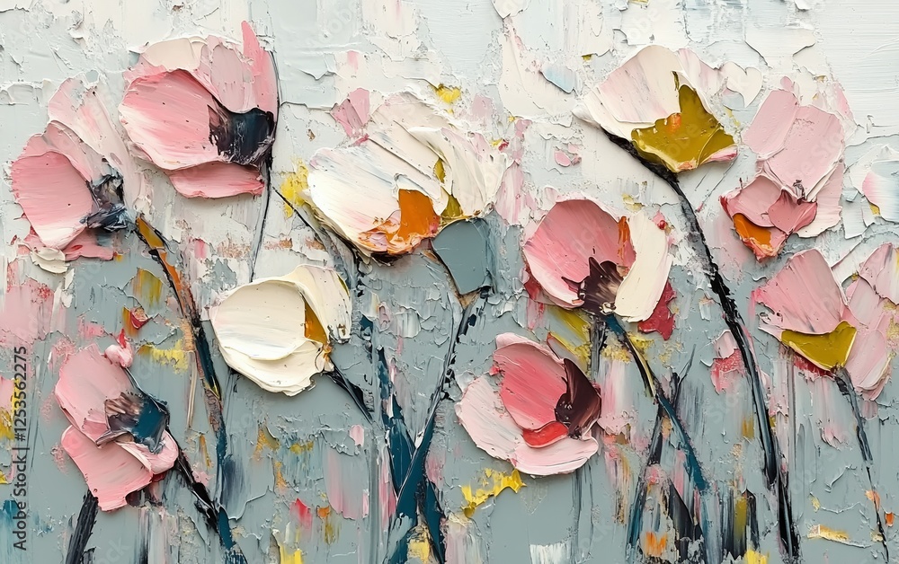 Beautiful pink and white flowers with gold accents in abstract floral painting for elegant home decor and sophisticated interior design Beautiful pink and white flowers with gold accents in abstract floral painting for elegant home decor and sophisticated interior design