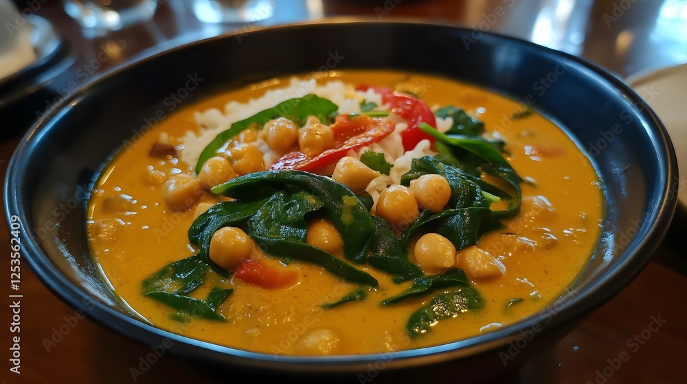 Chickpea Curry Bowl with Spinach, Tomatoes, and Rice in a Black Bowl Chickpea Curry Bowl with Spinach, Tomatoes, and Rice in a Black Bowl