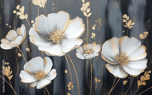 Beautiful white and gold flowers with elegant brushstrokes on dark background in abstract painting for luxury home decor