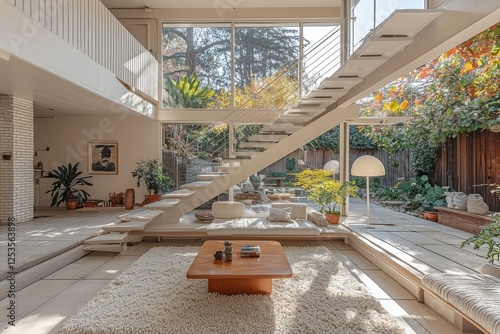 Midcentury lounge showcase open floor design high fidelity urban setting bright atmosphere modern aesthetic