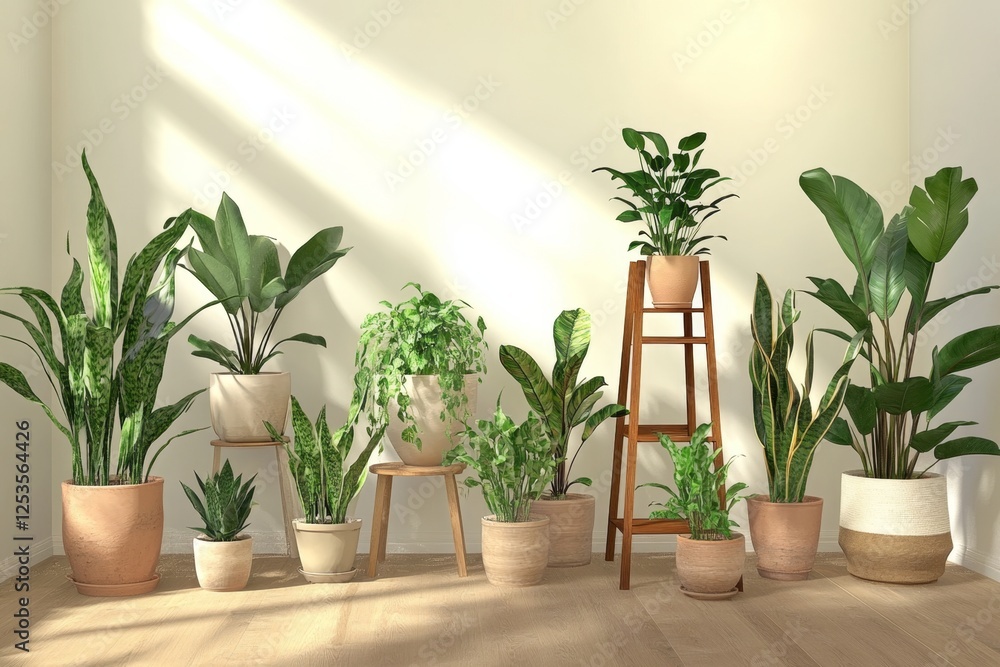 Fototapeta premium Sunny room with various potted plants; interior design