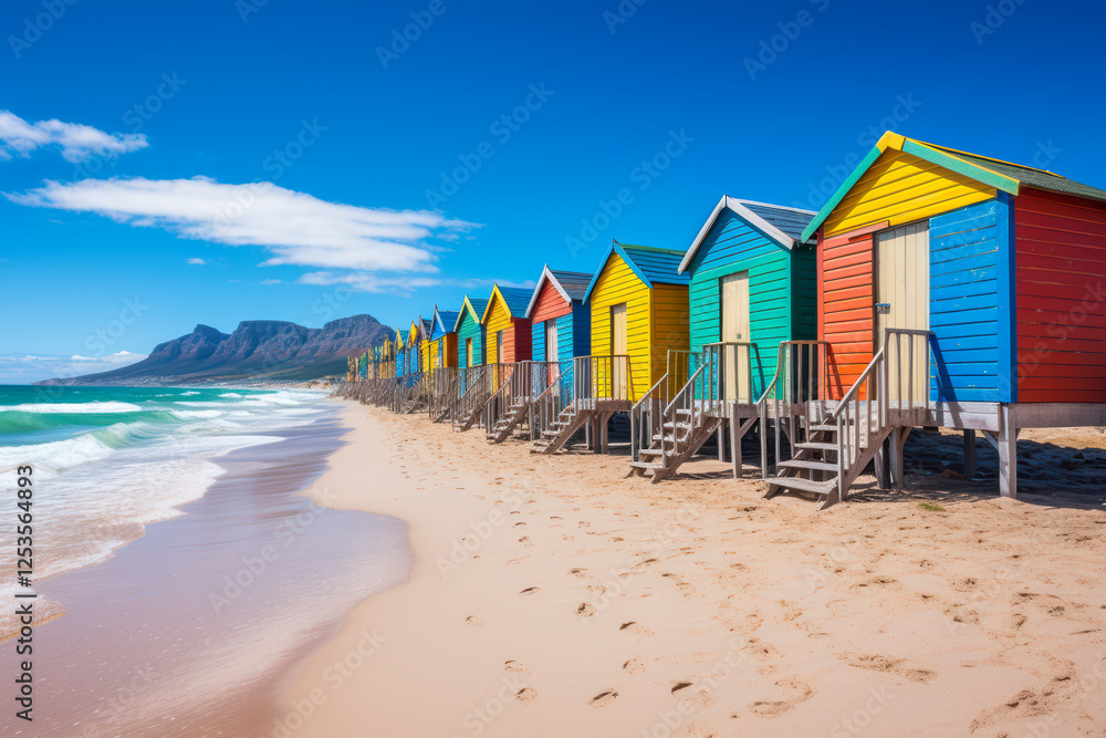 Bunte Strandhäuser am Strand, Muizenberg Beach, Kapstadt, Südafrika, Generative AI Bunte Strandhäuser am Strand, Muizenberg Beach, Kapstadt, Südafrika, Generative AI