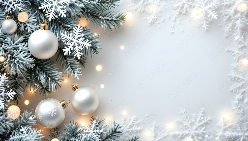 Obraz premium White Christmas background with spruce frosty brunches and Christmas lights. Shiny snowflake hanging on spruce brunch. winter christmas background