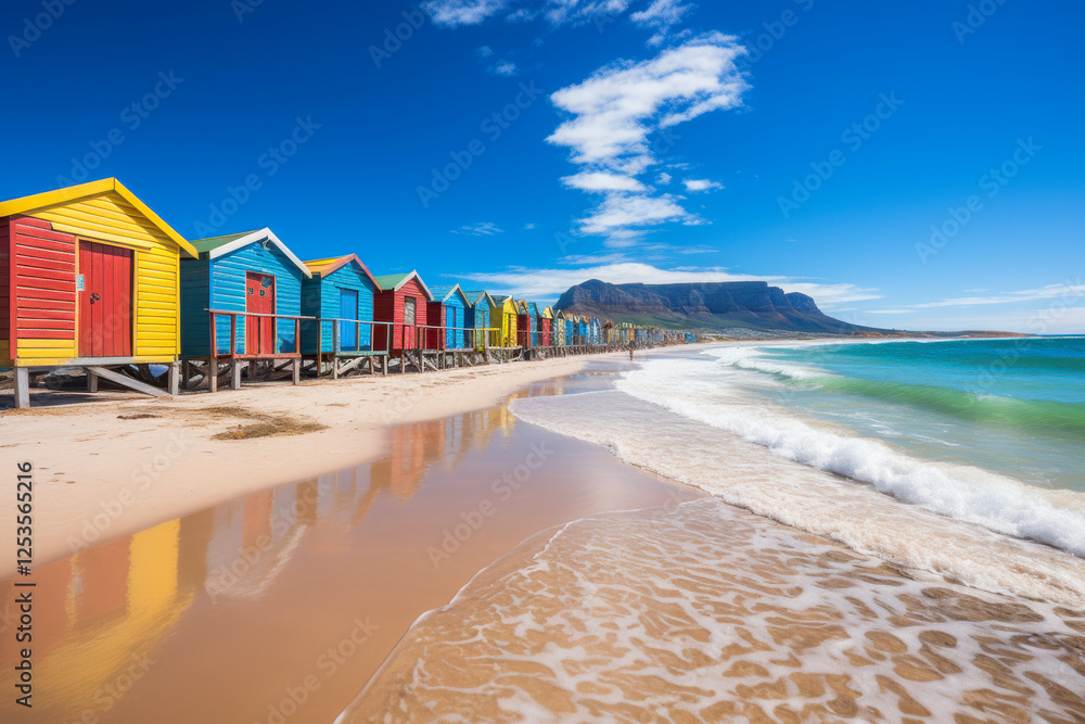Bunte Strandhäuser am Strand, Muizenberg Beach, Kapstadt, Südafrika, Generative AI