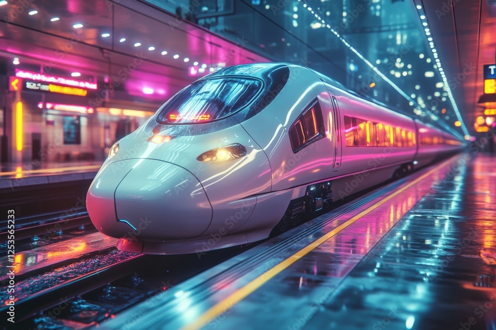 Fototapeta premium Futuristic High-Speed Train at Night Neon Lights Wet Platform