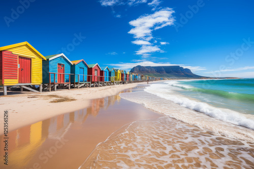 Obraz na płótnie Bunte Strandhäuser am Strand, Muizenberg Beach, Kapstadt, Südafrika, Generative AI w salonie