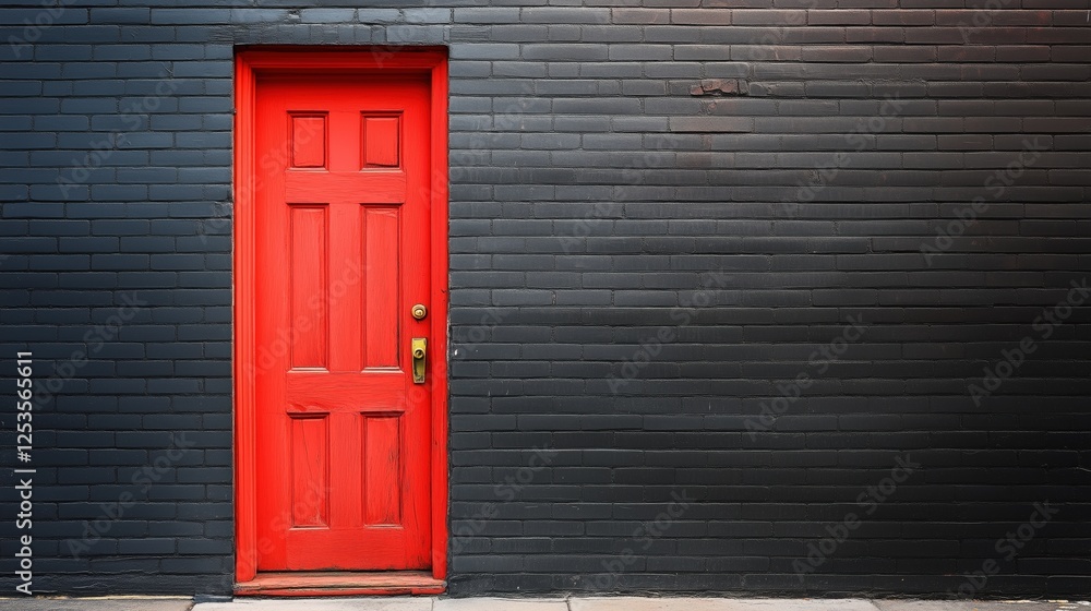 Vibrant Red Door Against Dark Brick Wall with Simple Texture Vibrant Red Door Against Dark Brick Wall with Simple Texture