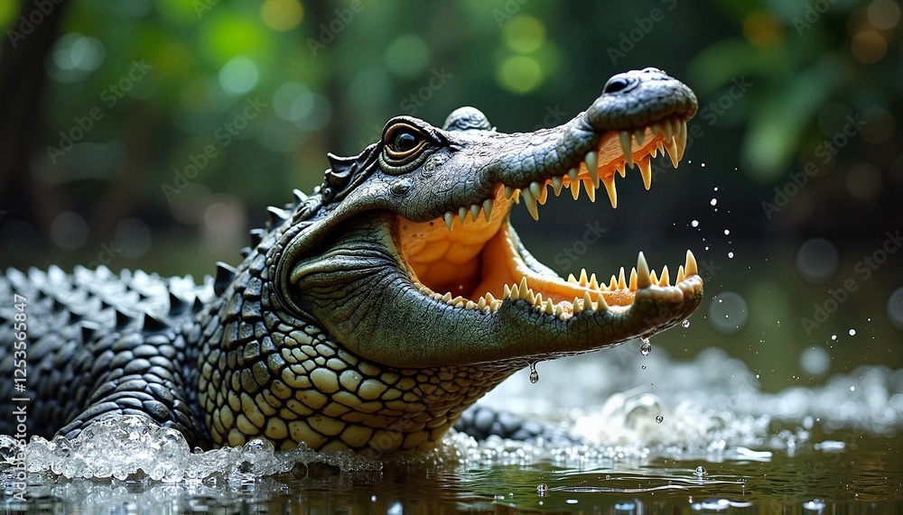 Obraz premium Menacing Crocodile Head Emerging from Dark Tropical Waters