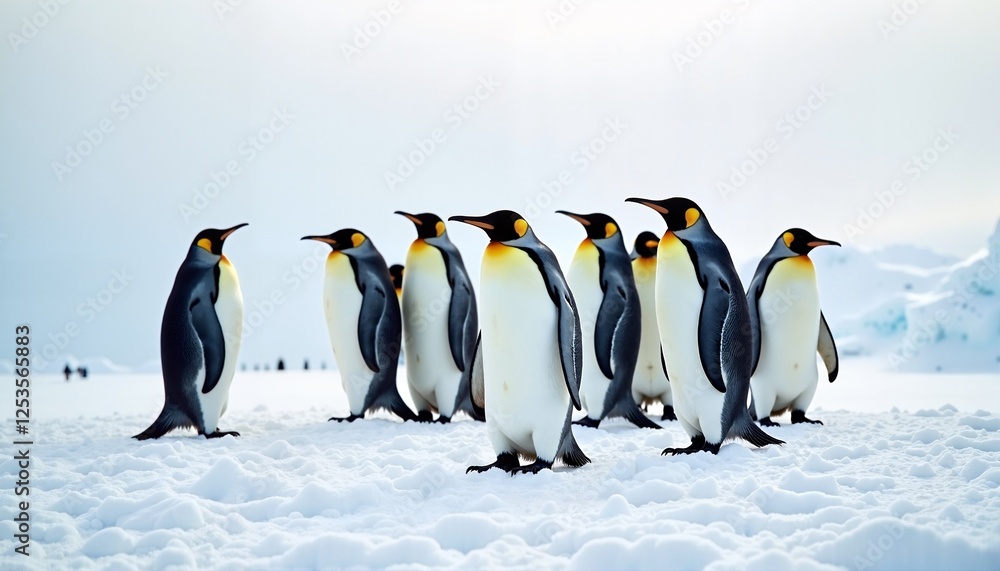 Fototapeta premium King Penguins Standing Together on Snowy Antarctic Landscape